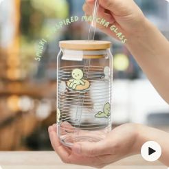 Matcha Glass Cup 16oz - Smiski Inspired with Bamboo Lid & Straw | Kawaii Water Pattern Design | Japanese Aesthetic Drinkware Gift