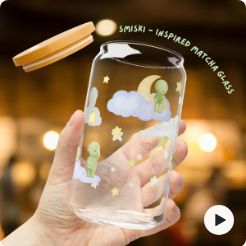 Matcha Glass Cup 16oz - Smiski Bed Series Inspired | Bamboo Lid & Straw | Kawaii Aesthetic Drinkware Gift for Matcha and Iced Coffee Lovers