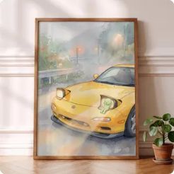 Smiski Inspired RX7 Poster, JDM Pop-Up Headlight Art, Mazda Decor