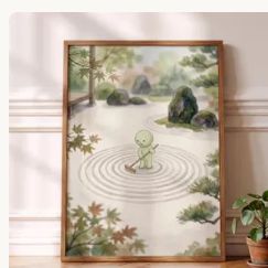 Smiski Inspired Zen Garden Art, Sand Ripple Poster, Calm Decor