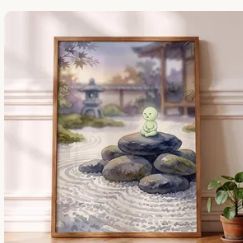 Smiski Inspired Meditation Art, Zen Stone Wall Poster, Minimalist