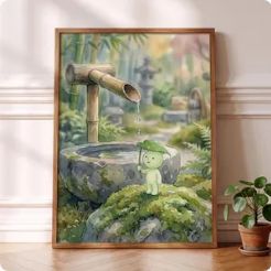 Smiski Inspired Bamboo Poster, Rain Umbrella Wall Art, Nature