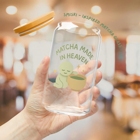 Matcha Glass Cup 16oz Smiski Inspired | Bamboo Lid & Straw – Matcha Made in Heaven Cute Kawaii Drinkware Gift for Tea Lovers