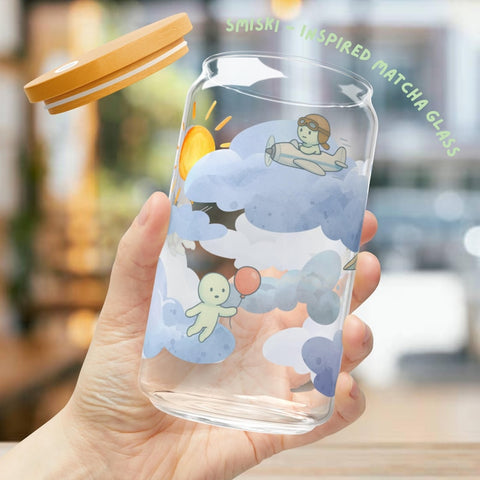 Smiski Inspired Glass Cup 16oz | Kawaii All Over Print Tumbler | Bamboo Lid & Straw | Japanese Aesthetic Cute Drinkware Gift