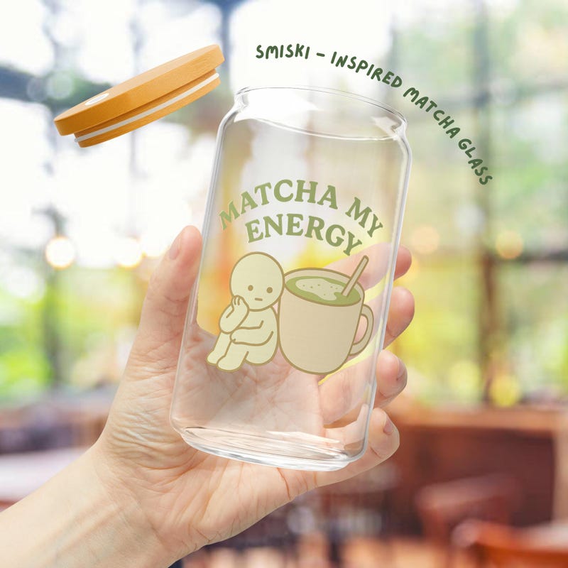 Matcha Glass Cup 16oz | Bamboo Lid & Straw – Matcha My Energy Kawaii Drinkware Gift for Matcha Lovers