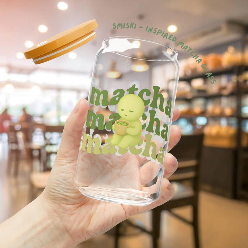 Matcha Glass Cup 16oz - Smiski Inspired | Bamboo Lid & Straw – Japanese Minimalist Aesthetic Drinkware Gift for Matcha Lovers