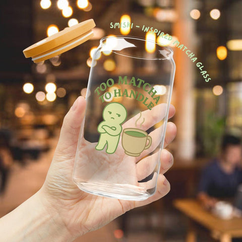 Matcha Glass Cup 16oz Smiski-Inspired | Bamboo Lid & Straw – Too Matcha to Handle Funny Kawaii Japanese Aesthetic Gift for Tea Lovers