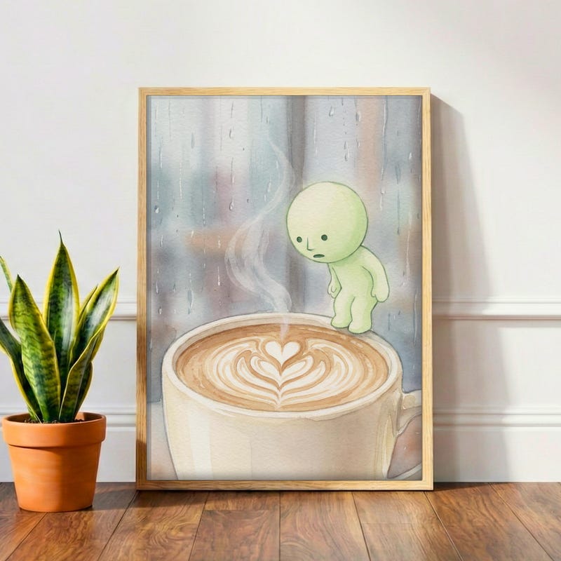 Smiski Latte Art Print | Cute Coffee Poster | Kawaii Cafe Wall Decor | Whimsical Watercolor Aesthetic | Barista Gift