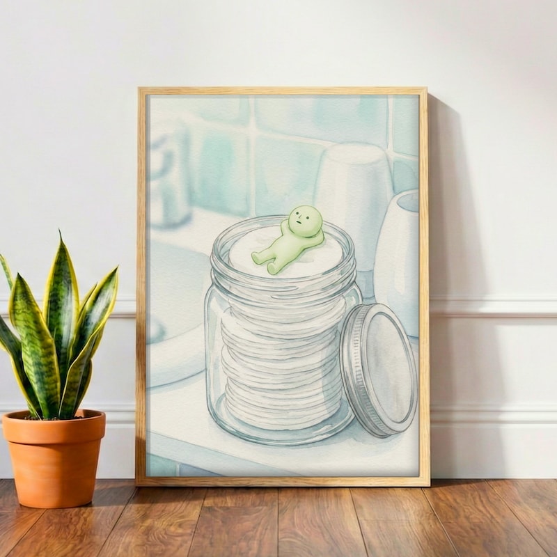 Smiski Bathroom Art Print | Cute Self Care Poster | Kawaii Restroom Decor | Whimsical Watercolor Wall Art | Soft Aesthetic Spa Gift
