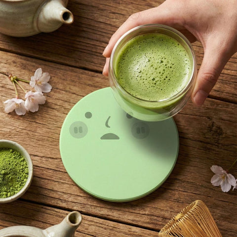 Smiski Ceramic Coaster | Cute Smiski Face Drink Mat | Kawaii Desk Decor | Funny Green Aesthetic Housewarming Gift | Round Cork Bottom