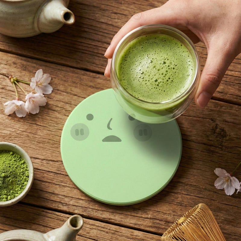 Smiski Ceramic Coaster | Cute Smiski Face Drink Mat | Kawaii Desk Decor | Funny Green Aesthetic Housewarming Gift | Round Cork Bottom
