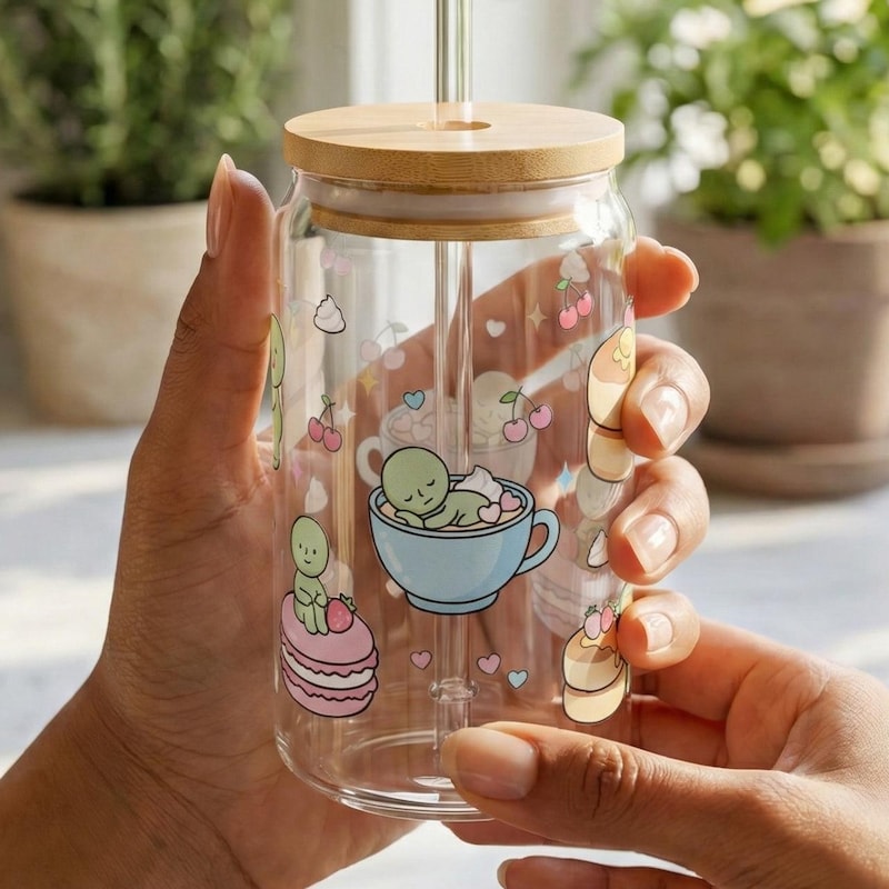 Smiski Inspired Dessert Glass Cup, Cute Matcha Latte Iced Coffee Glass, Fluffy Pancake & Macaron Cafe Aesthetic Gift