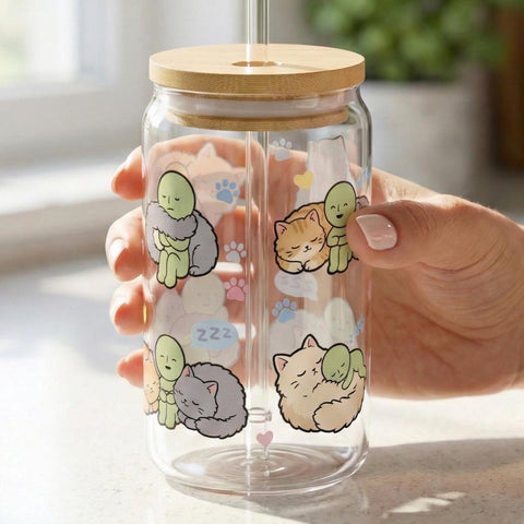 Smiski Inspired Cat Mom Glass Cup, Cute Matcha Latte Tumbler, Sleeping Cat & Green Guy Iced Coffee Glass, Kawaii Kitten Gift