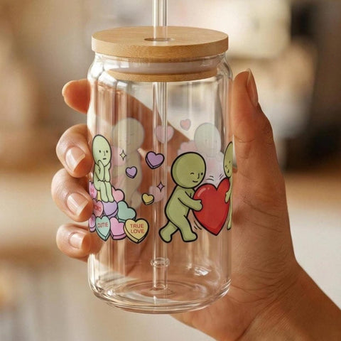 Smiski Valentine Glass Cup, Conversation Hearts Iced Coffee Glass, Cute Matcha Latte Tumbler, Green Guy Galentines Gift