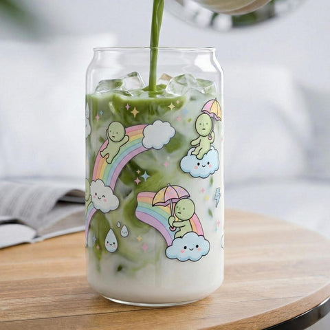 Smiski Inspired Rainbow Glass Cup, Cute Cloud & Umbrella Iced Coffee Glass, Pastel Weather Aesthetic, Green Guy Sky Pattern Gift