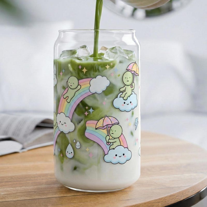 Smiski Inspired Rainbow Glass Cup, Cute Cloud & Umbrella Iced Coffee Glass, Pastel Weather Aesthetic, Green Guy Sky Pattern Gift