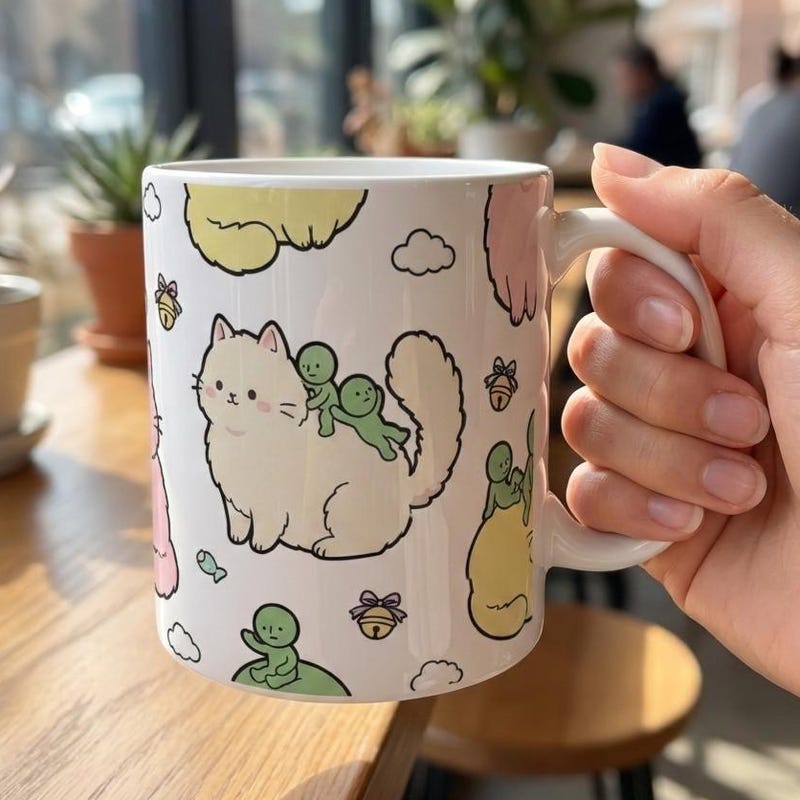 Smiski & Cat Mug, Cute Fluffy Kitten Coffee Cup, Kawaii Pastel Aesthetic Gift, 11oz Ceramic Coffee  Tea Mug