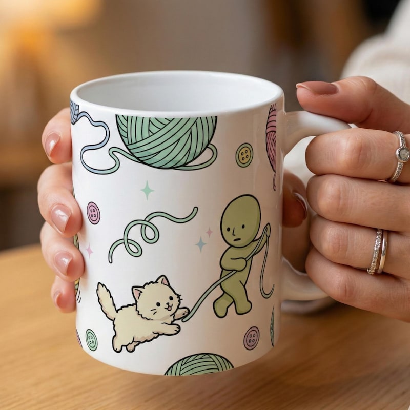 Kawaii Smiski Yarn Mug, Playful Kittens & Crochet Design, Pastel Aesthetic Crafter Gift, Green Guy Cat Mom Tea Cup