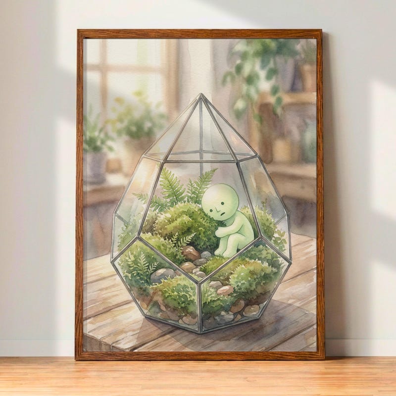 Smiski Terrarium Poster Print | Cute Plant Wall Decor | Whimsical Watercolor Art | Kawaii Cozy Desk Setup | Plant Mom Gift