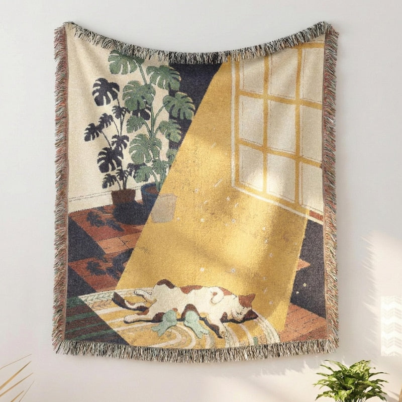 Smiski Woven Blanket | Cute Cat Throw for Couch | Kawaii Anime Room Decor | Cozy Cotton Tapestry | Funny Cat Mom Gift for Her