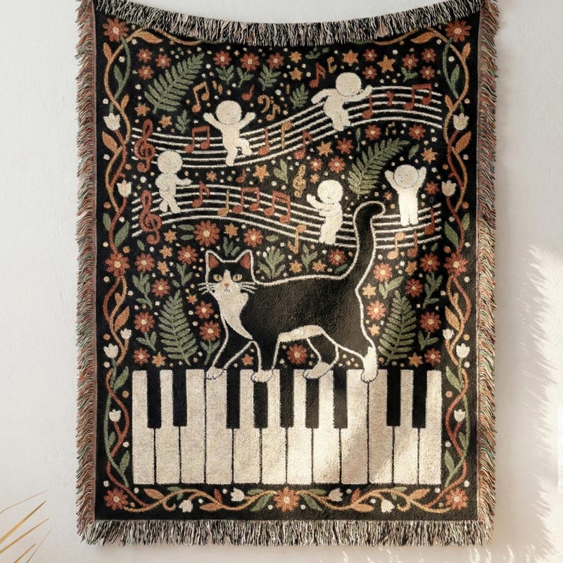 Woven Blanket Smiski Tuxedo Cat | Cute Piano Music Throw | Kawaii Room Decor | Cozy Cotton Tapestry | Music Lover Gift for Her