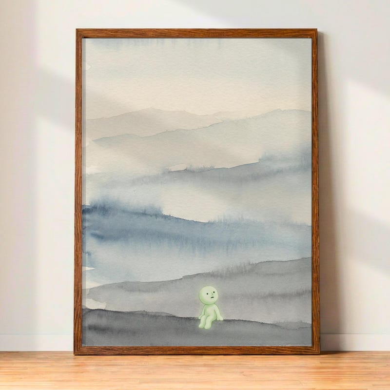 Smiski Landscape Print | Blue Japandi Watercolor Poster | Cozy Desk Wall Art