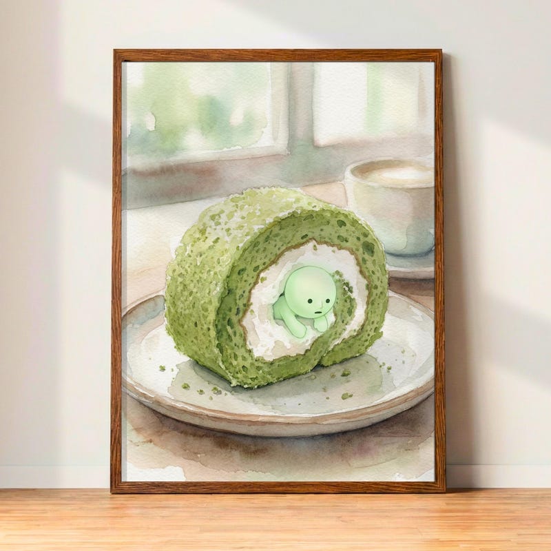 Smiski Matcha Roll Cake Art Print | Watercolor Dessert Decor, Kawaii Food Poster