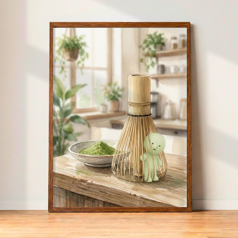 Smiski Matcha Whisk Art Print | Soft Watercolor Cafe Wall Decor (Digital Download)