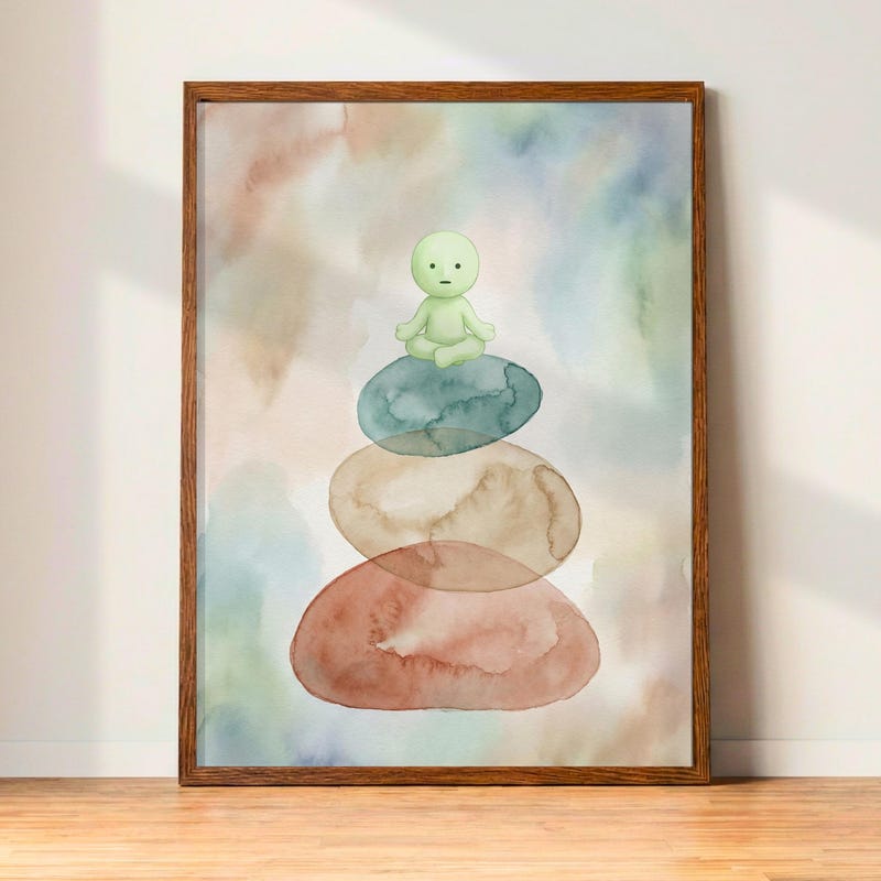 Smiski Zen Stone Print | Boho Minimalist Watercolor Japandi Art (Unframed)