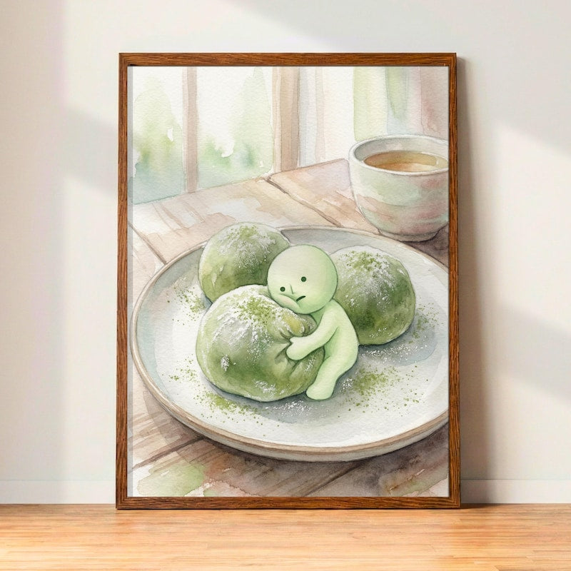 Smiski Matcha Mochi Art Print | Soft Watercolor Kawaii Foodie Decor
