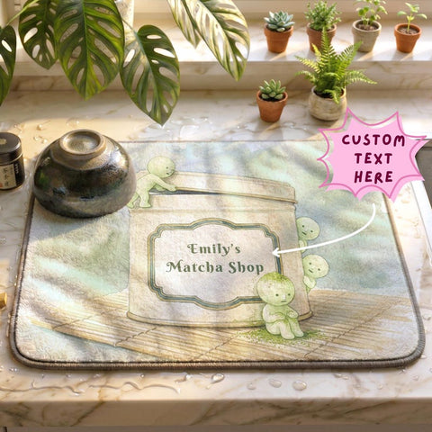 Custom Smiski Inspired Matcha Drying Mat, 21" x 14" - Kawaii Kitchen Decor