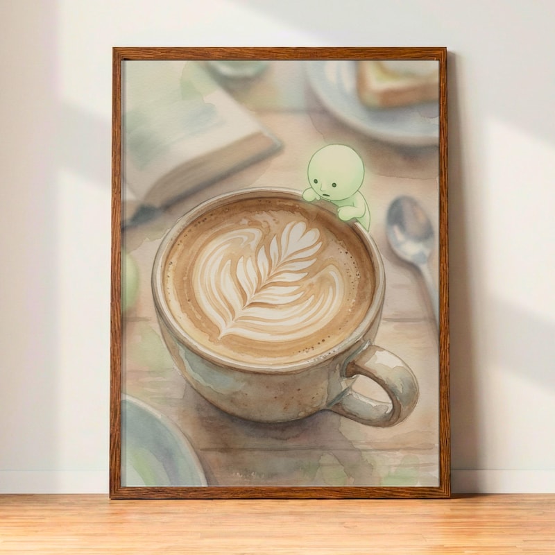 Smiski Latte Art Print | Watercolor Cafe Wall Decor (Digital Download)