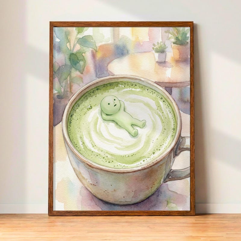 Smiski Matcha Latte Art Print | Soft Watercolor Kawaii Cafe Decor