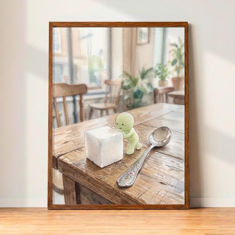 Smiski Sugar Cube Art Print | Whimsical Watercolor Cafe Decor Poster