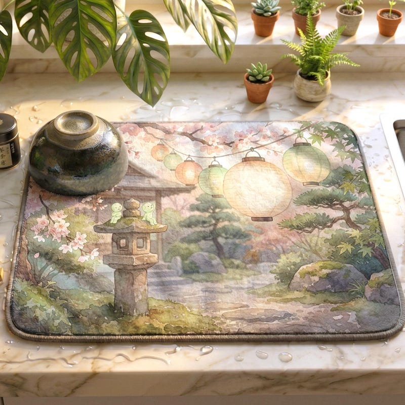 Smiski Inspired Matcha Bowl Drying Mat, 21" x 14" - Kawaii Kitchen Decor
