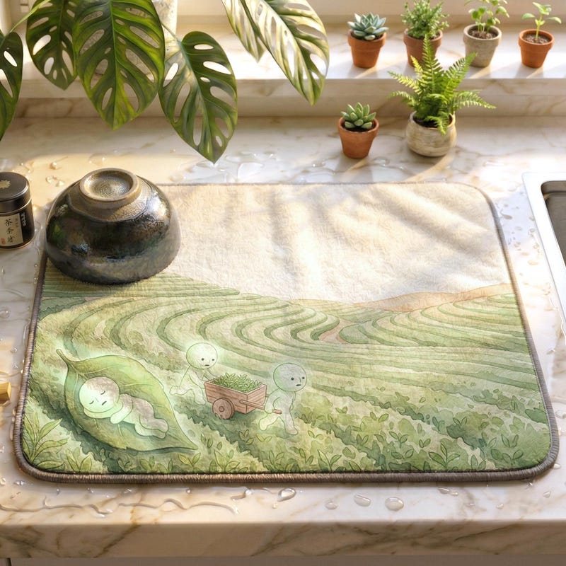 Smiski Inspired Matcha Drying Mat, 21" x 14" - Kawaii Tea Station Art