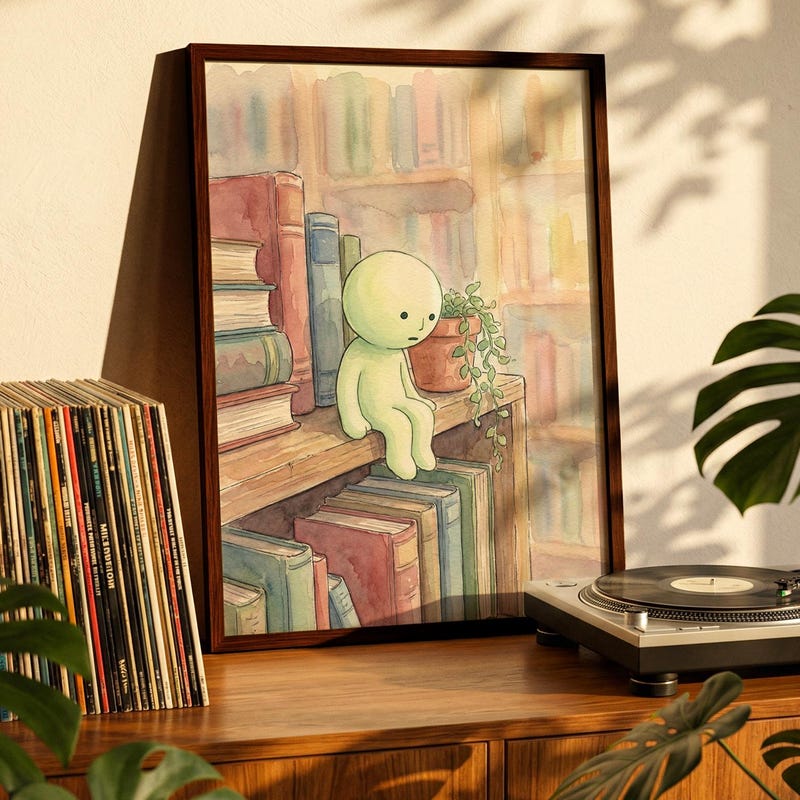 Smiski Bookshelf Art Print | Cozy Library Wall Decor | Cute Book Lover Poster | Ghibli Aesthetic | Soft Girl Gift for Her