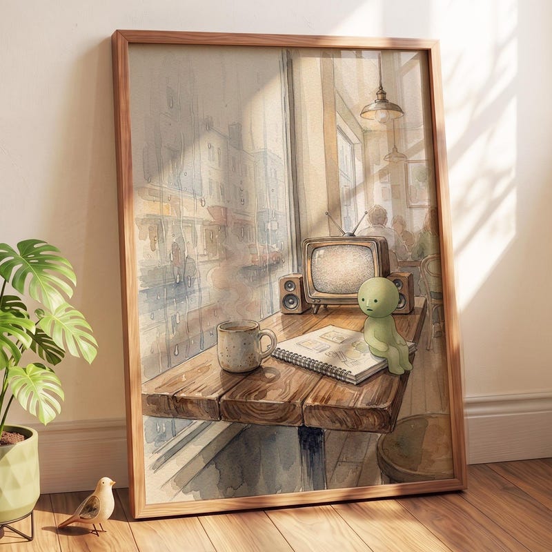 Smiski Inspired Wall Art, Rainy Cafe Retro Print