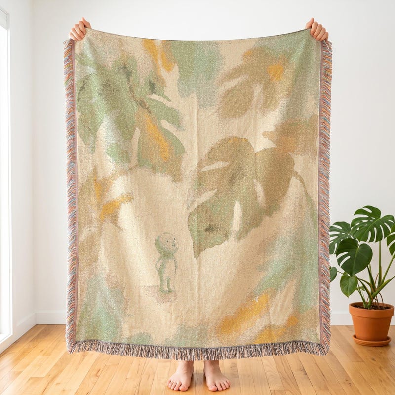 Smiski Inspired Woven Blanket | Botanical Shadow | Japandi Decor