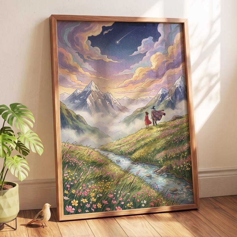 Studio Ghibli Inspired Wall Art Poster - Howl's Moving Castle Alpine Meadow Landscape | Romantic Anime Wizard Print