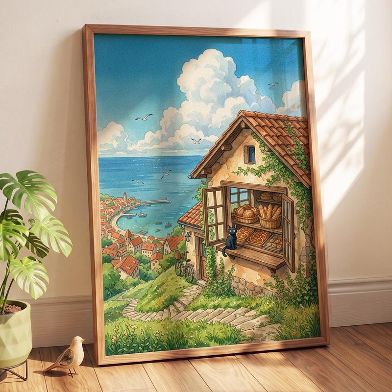 Studio Ghibli Inspired Wall Art Poster - Kiki's Delivery Service Bakery Window Print | Coastal European Town Decor