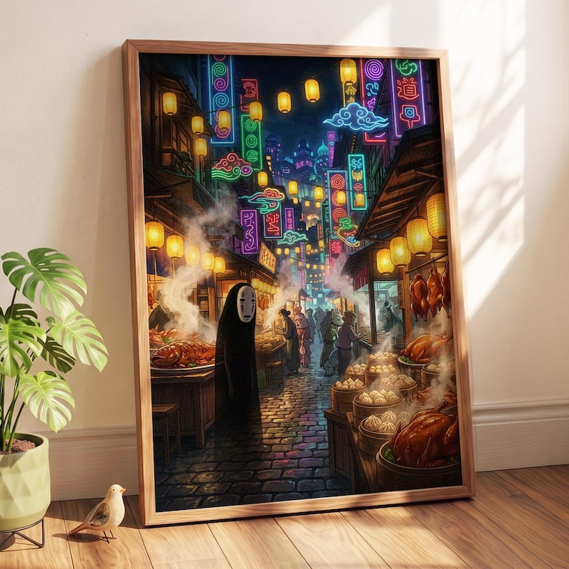 Studio Ghibli Inspired Wall Art Poster - Spirited Away Glowing Neon Night Market | Mysterious Faceless Anime Poster