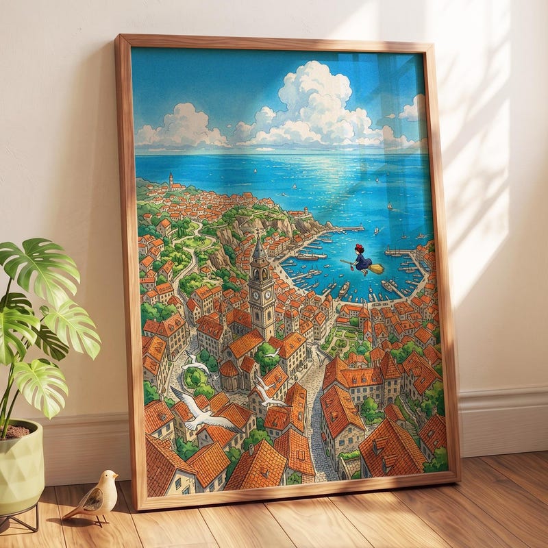 Studio Ghibli Inspired Wall Art Poster - Kiki's Delivery Service Aerial Town Print | Coastal Summer Ocean View Art