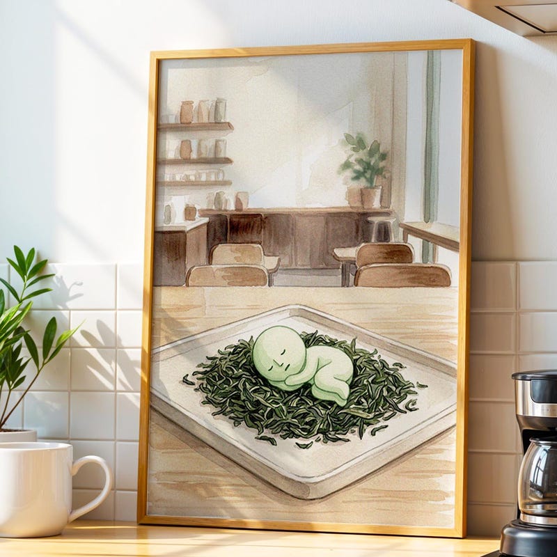 Smiski Inspired Wall Art, Zen Botanical Green Tea Art