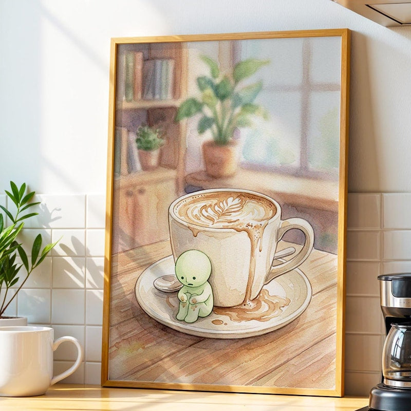 Smiski Inspired Wall Art, Cute Funny Coffee Spill Art