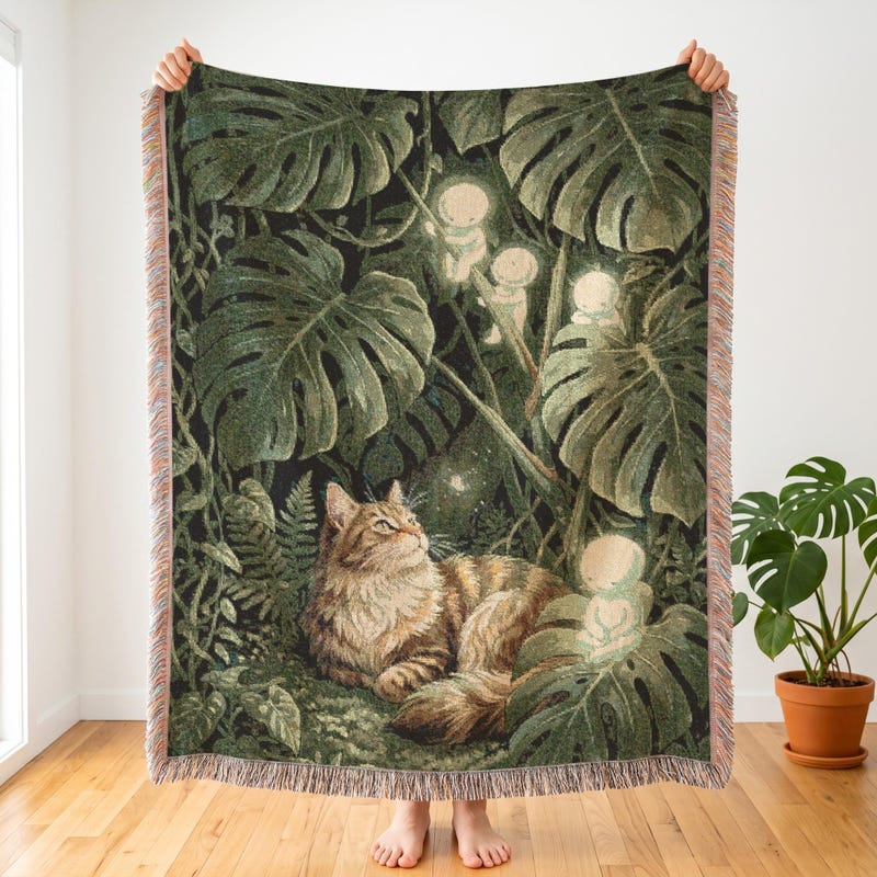 Smiski Inspired Monstera Houseplant Woven Blanket, Boho Kawaii Cat Art
