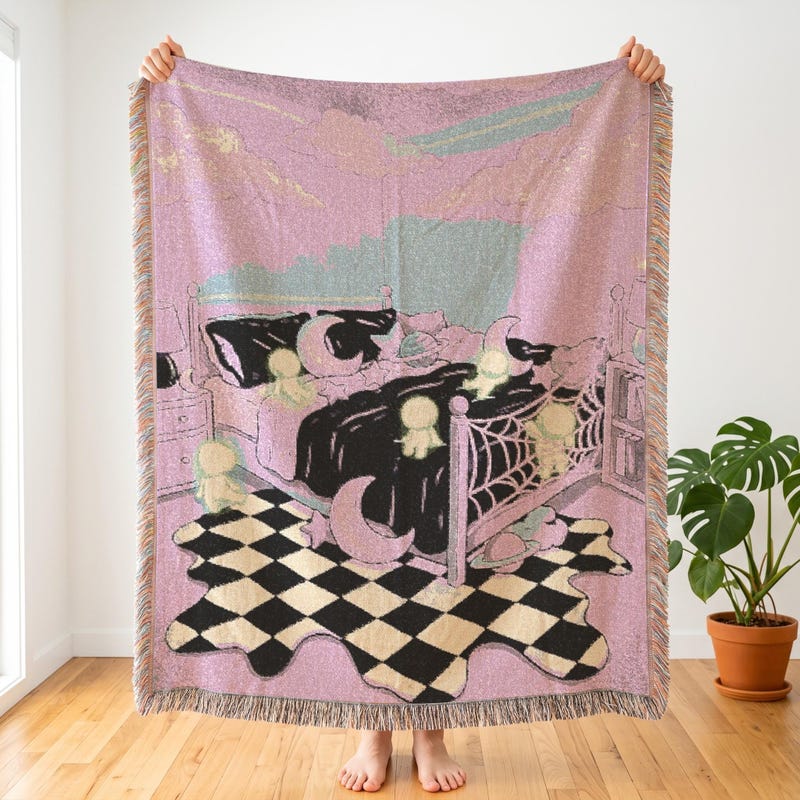 Smiski Inspired Pastel Goth Dreamcore Woven Blanket, Weirdcore Room Throw