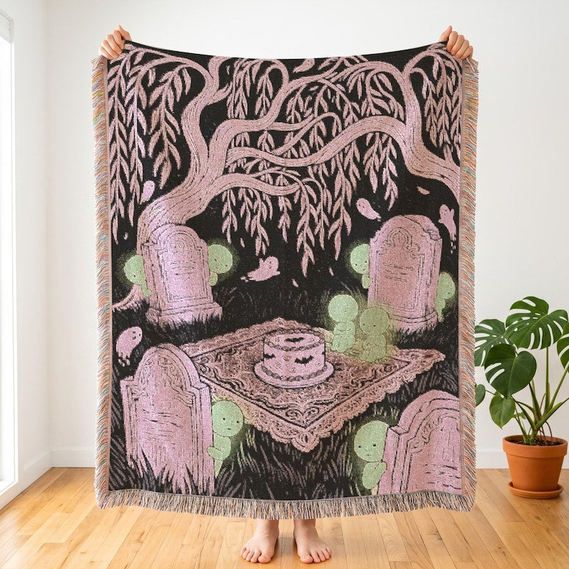 Smiski Inspired Graveyard Picnic Woven Tapestry, Pastel Goth Room Blanket