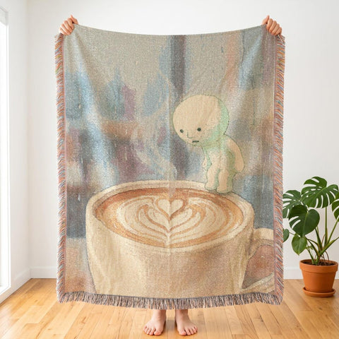 Smiski Inspired Woven Blanket | Cafe Latte Art | Coffee Decor