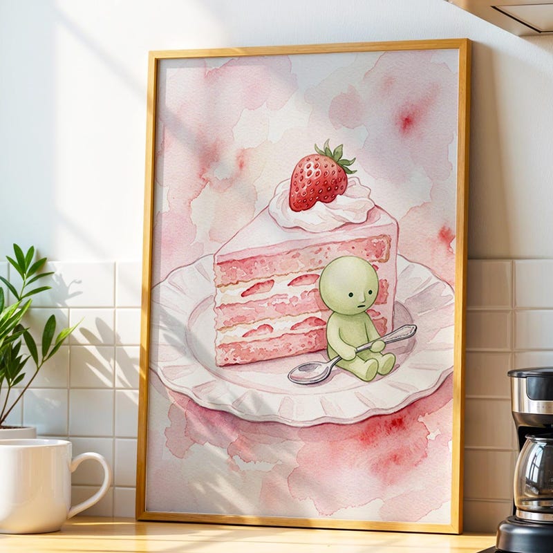Pastel Strawberry Cake Wall Art, Smiski Inspired Poster Print